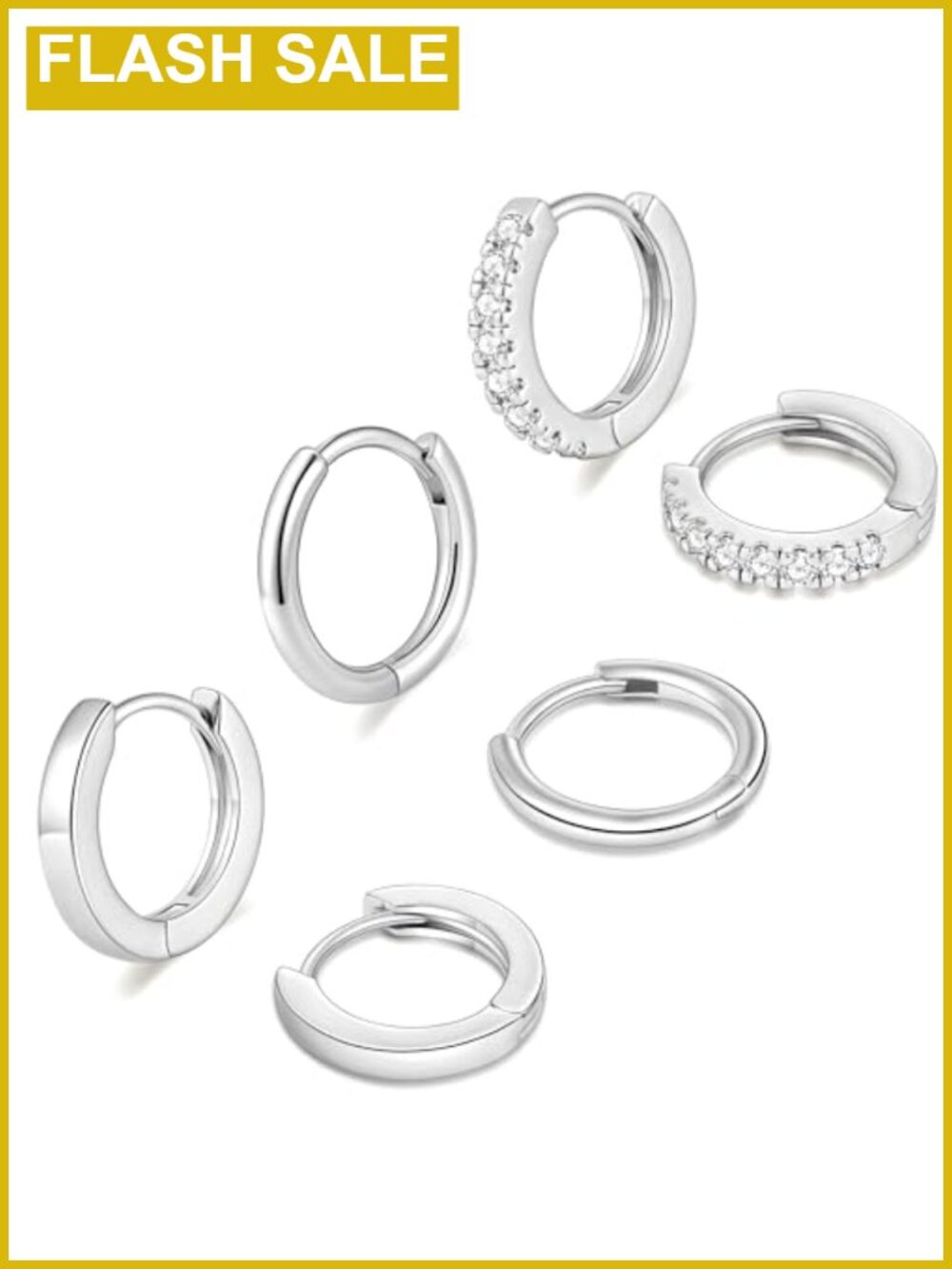 3 Pairs Small Huggie Hoop Earrings Set 14k White Gold Plated